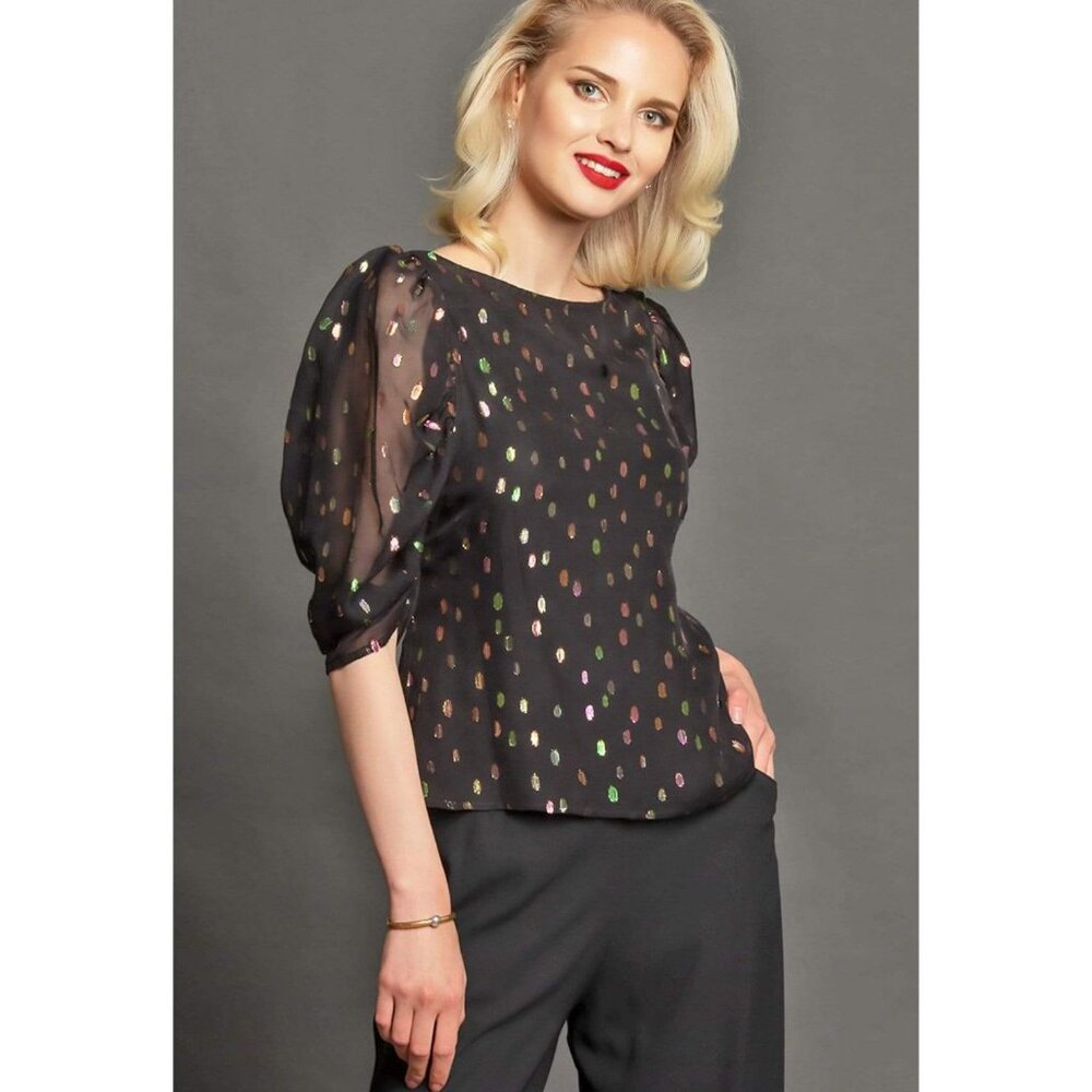 Anthropologie Eva Franco Puff Sleeve Tosca Dot Blouse with Sheer Sleeves